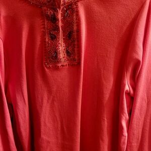 Embellished Coral Long Sleeve Top